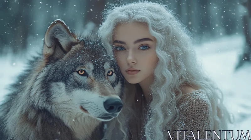 AI ART Snowy Embrace: Woman and Wolf Together