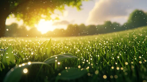 Sunlit Field with Dew-covered Grass