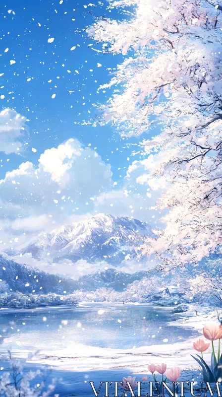 AI ART Snow-Capped Mountain Lake with Cherry Blossoms and Tulips