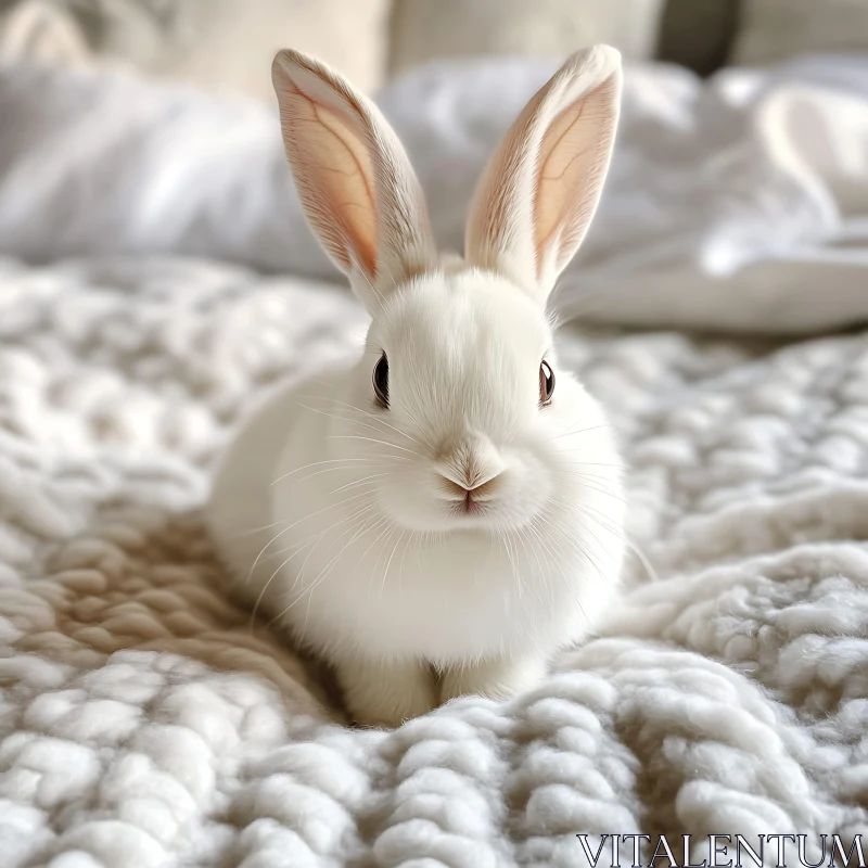 AI ART Elegant White Bunny on Soft Bedding