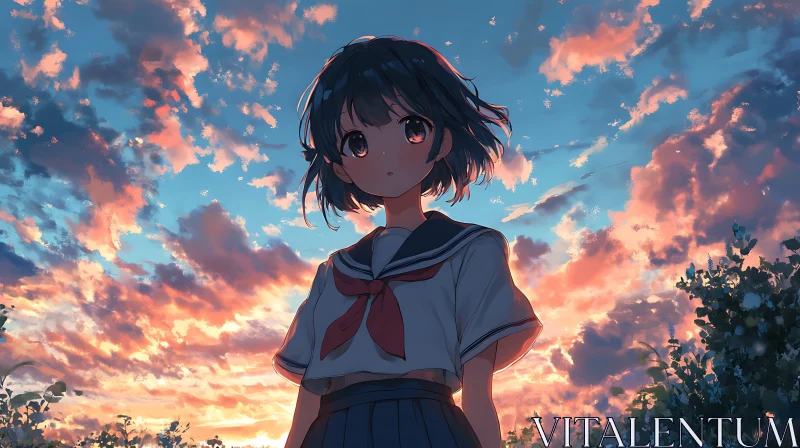 Serene Anime Girl in School Uniform at Sunset AI Image