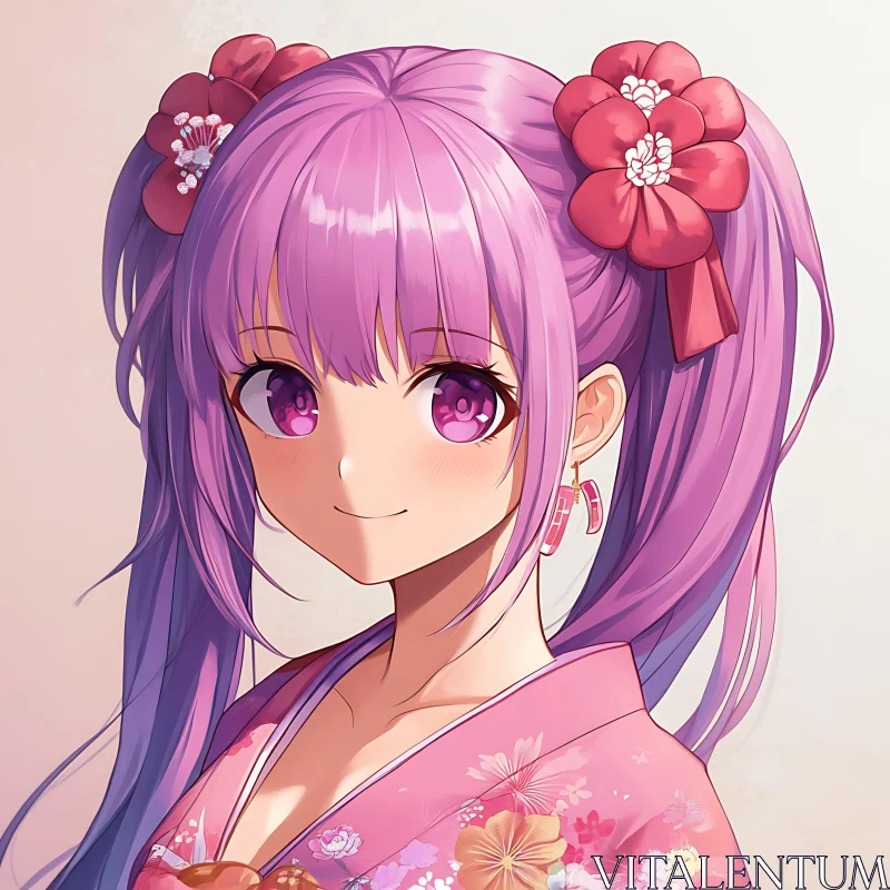 Pink-Haired Anime Girl in Traditional Kimono AI Image