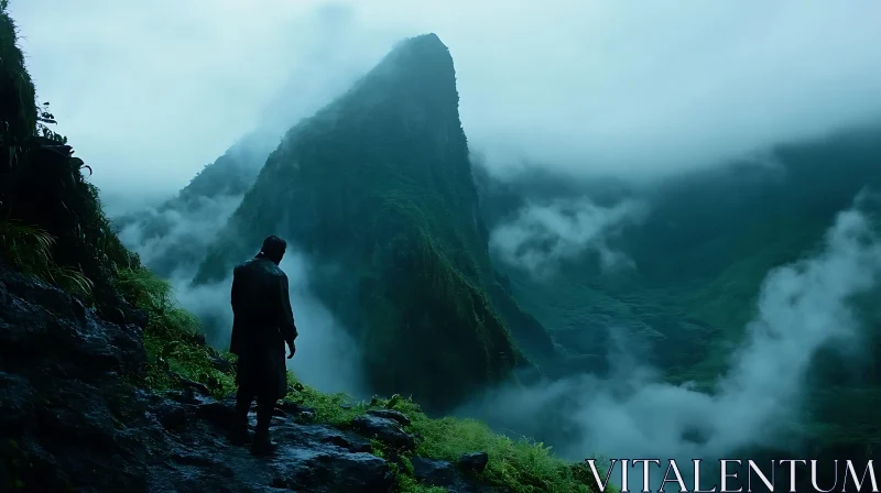 Lone Figure Amidst Verdant Peaks AI Image