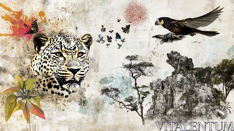 Majestic Leopard with Bird and Butterflies AI Image