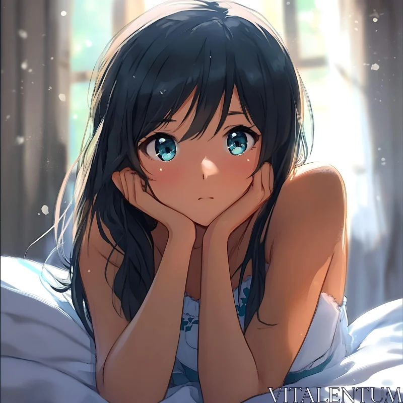 Thoughtful Anime Girl in Sunlit Room AI Image