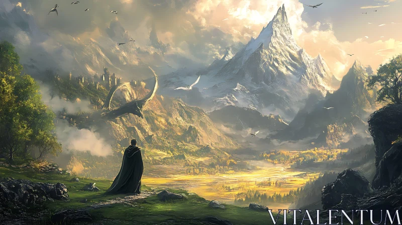 Enchanting Landscape with Dragon and Mountains AI Image