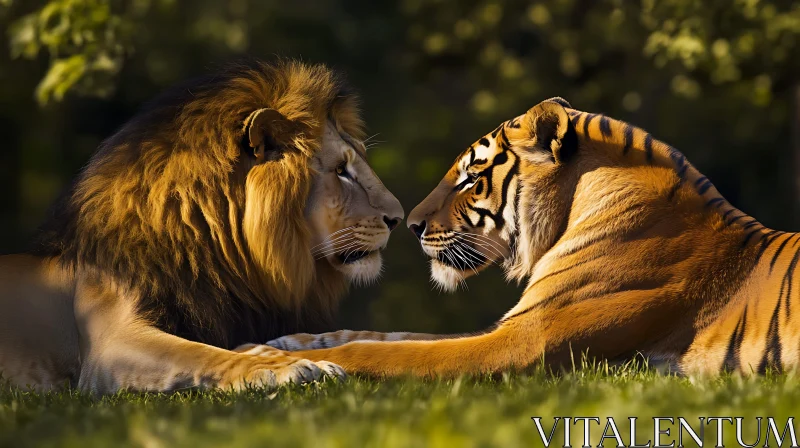 A Lion and Tiger Touching Paws AI Image