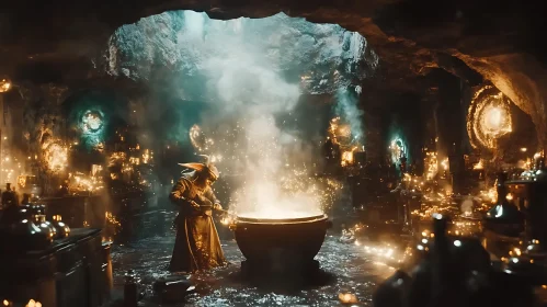Mystical Alchemist in Cavernous Workshop