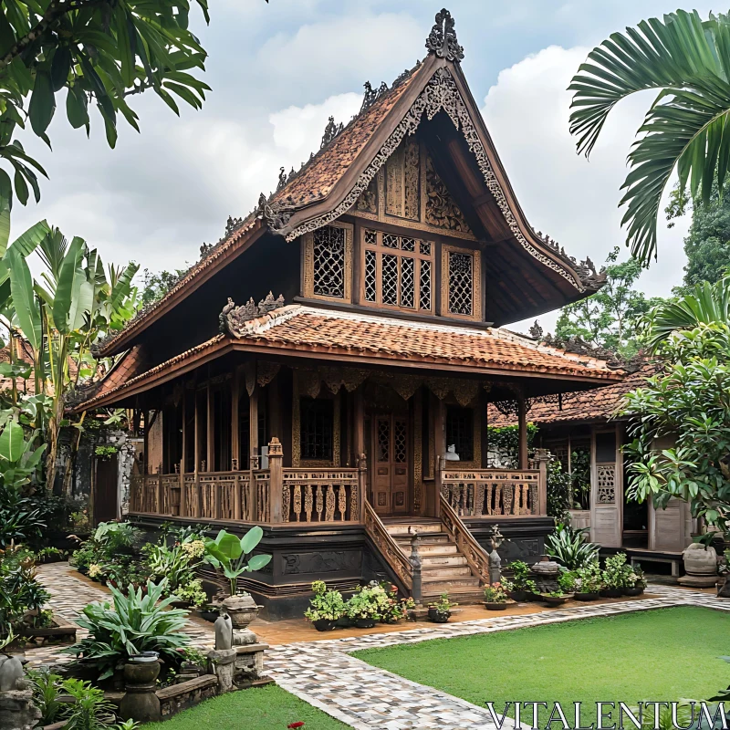 Ornate Wooden House Surrounded by Greenery AI Image