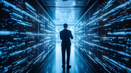 Server Room View: Silhouette and Data