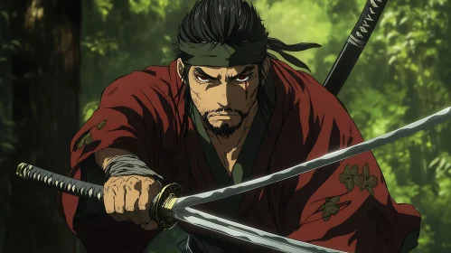 Focused Samurai in Forest Battle Stance