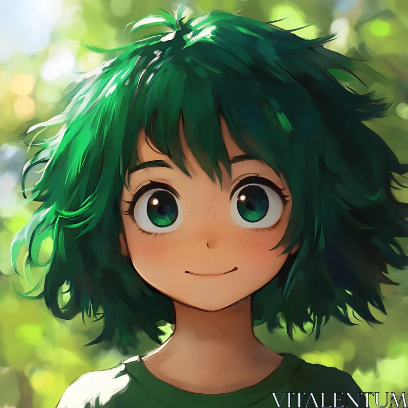 Forest Anime Character with Green Hair AI Image