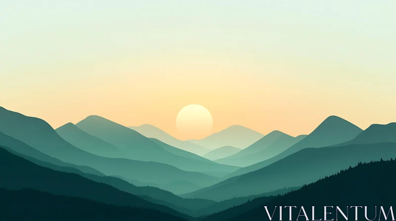 AI ART Teal Mountains Under the Setting Sun