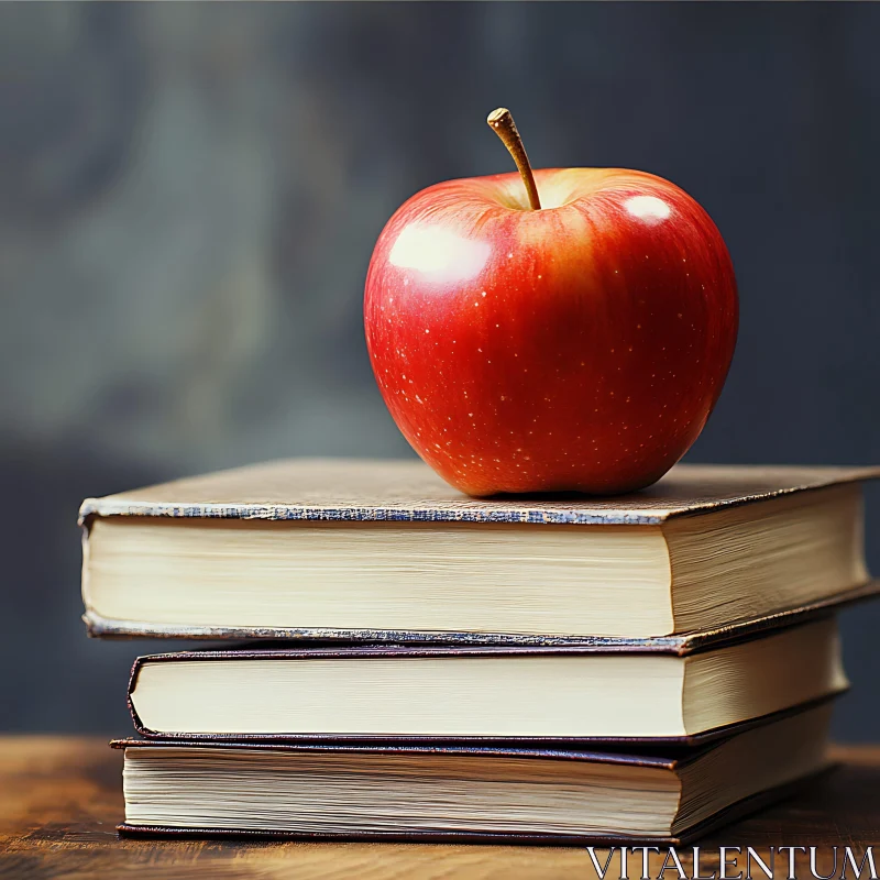 Red Apple Resting on Stacked Books AI Image