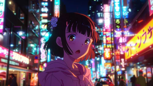 Anime City Night Scene with Neon Lights