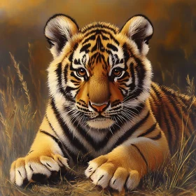 Tiger Cub Lying in Grass