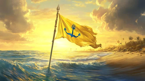 Golden Flag with Trident on Beach