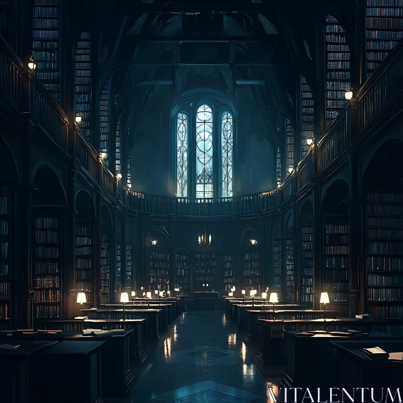 AI ART Mysterious Library with Bookshelves and Window