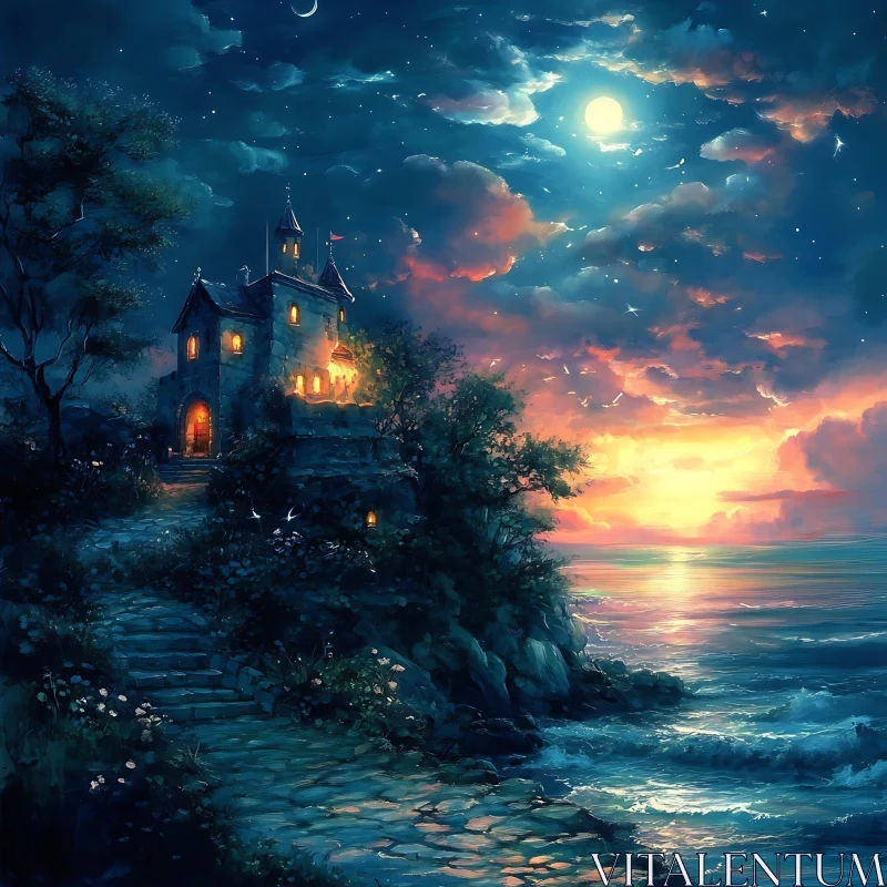 Moonlit Castle Seascape AI Image