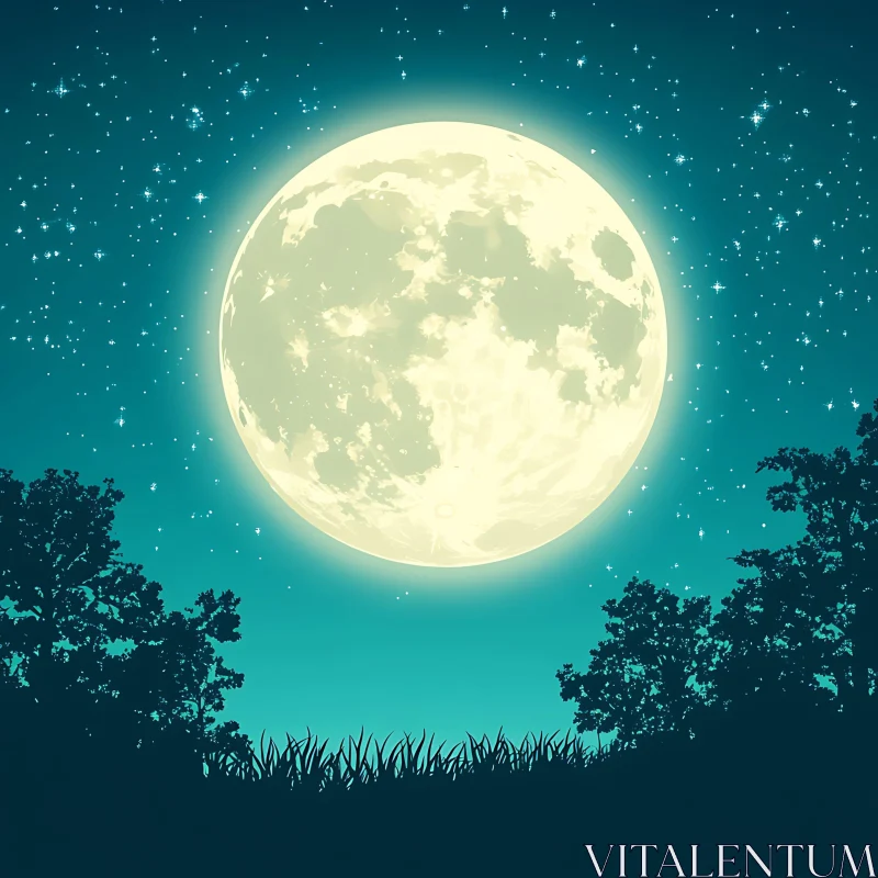 Serene Moonlit Night with Silhouetted Trees AI Image