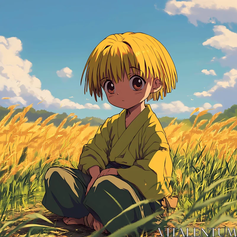 Serene Anime Scene of a Child Sitting in a Field AI Image