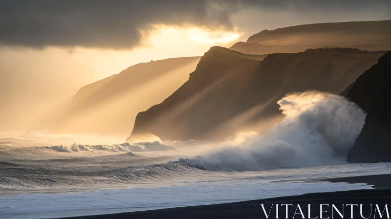 Sunlit Cliffs and Waves AI Image