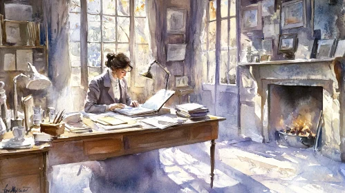 Watercolor Study: Woman at Her Desk
