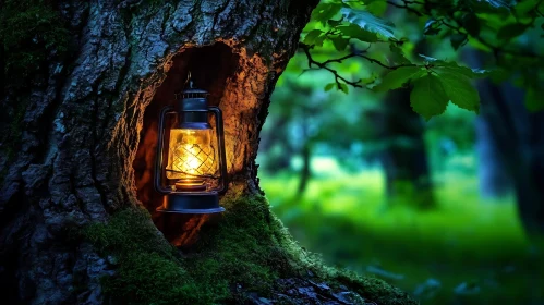 Glowing Lantern in Tree Hollow Amidst Forest