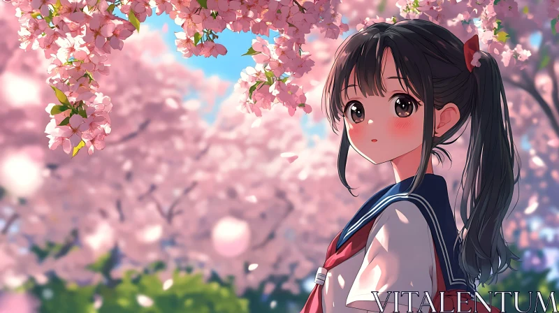 Young Anime Girl in Sakura Season AI Image