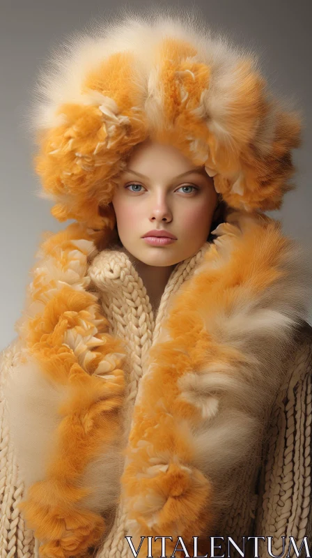 Fashion Model in Orange Fur Hood - Intricate Detail AI Image