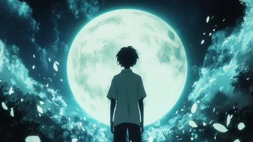 Silhouette Against Full Moon in Anime Style