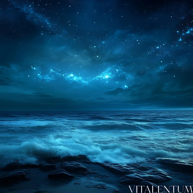 Ocean at Night Under Stars AI Image