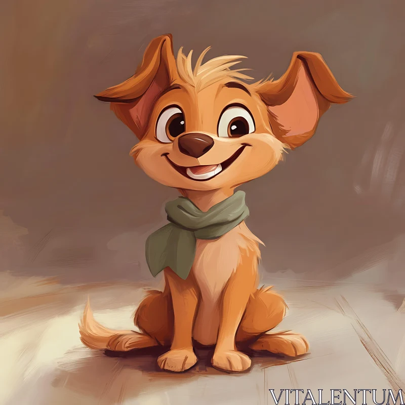 Cute Cartoon Dog with Green Scarf AI Image