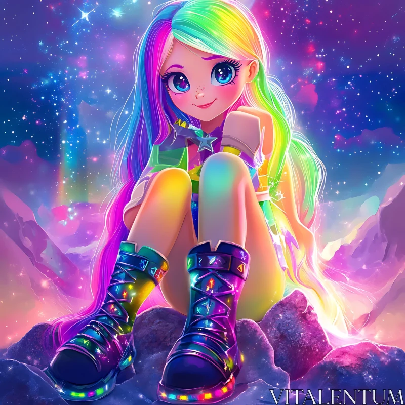 Colorful Anime Character Amidst a Starry Cosmic Scene AI Image