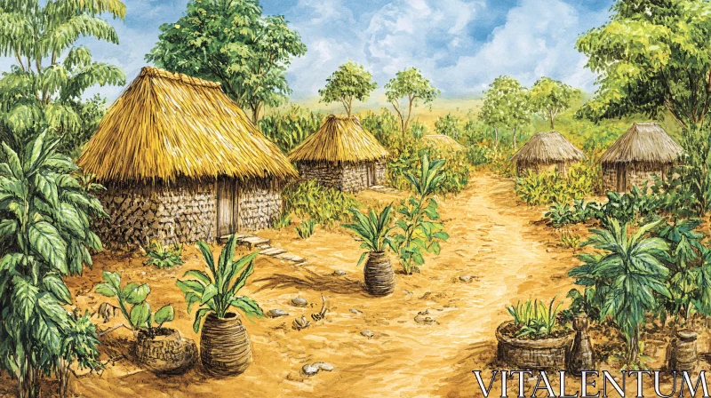 Tropical Village Scene with Thatched Huts AI Image