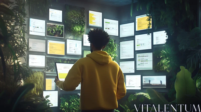 AI ART Man in Hoodie Surrounded by Screens and Plants