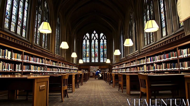 Grand Library with High Ceilings and Wooden Furniture AI Image