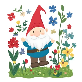 Cartoon Gnome in a Floral Garden