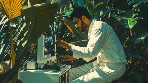 Researcher in Greenery with Retro Tech