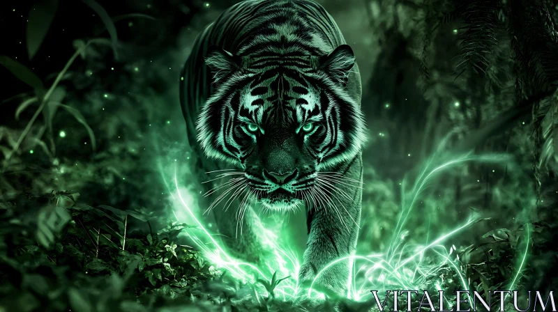 AI ART Green Glowing Tiger in Jungle