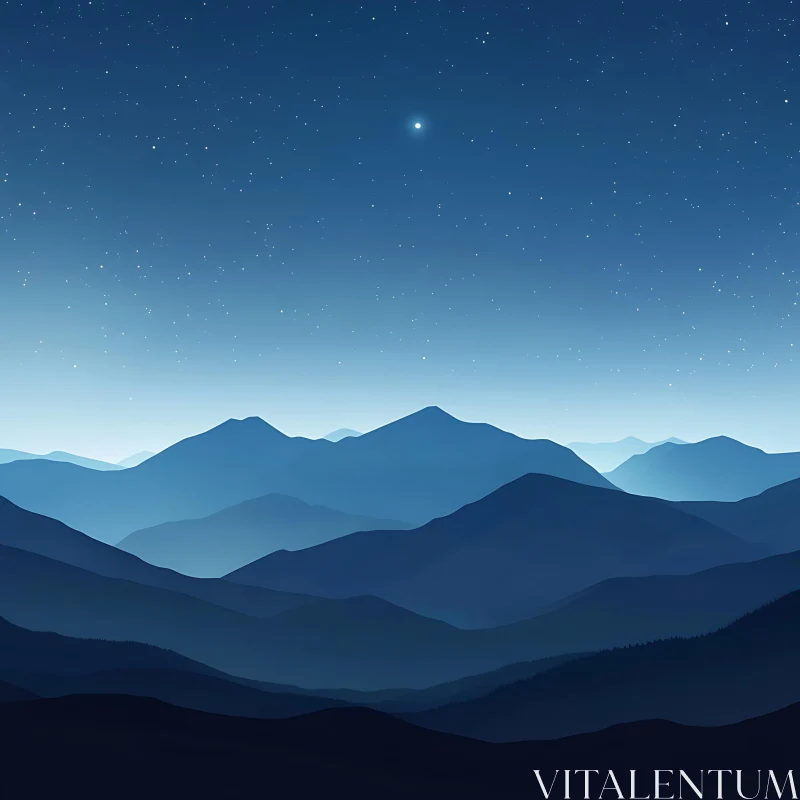 AI ART Blue Gradient Mountain Nightscape