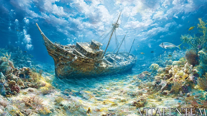 Ocean's Sunken Treasure Ship Illustration AI Image