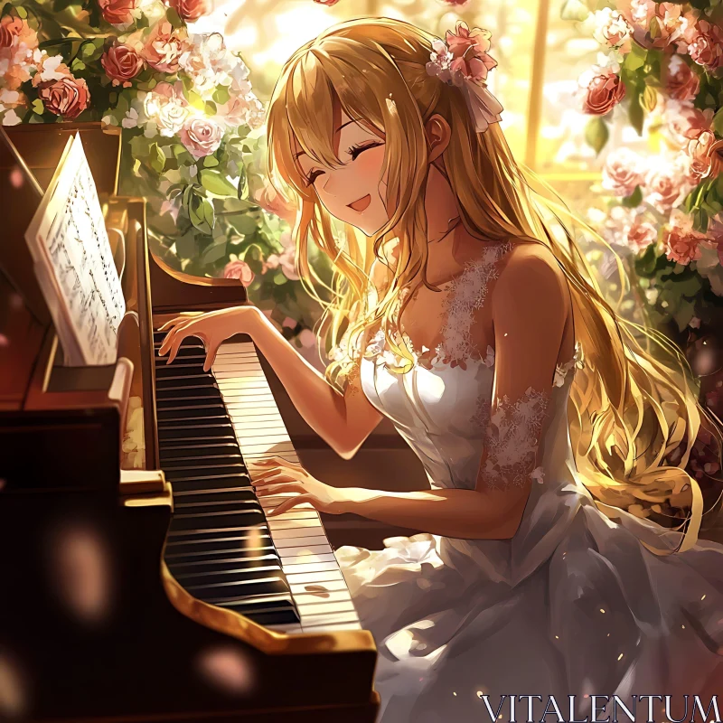 Serene Anime Pianist in Floral Garden AI Image