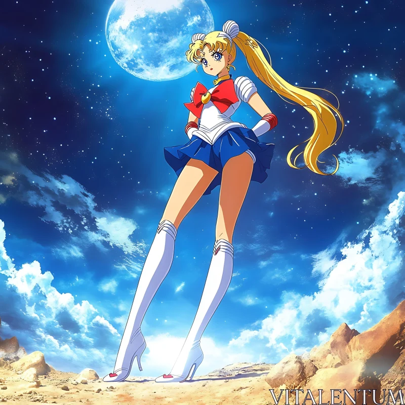 Blonde Anime Heroine Standing Under Full Moon AI Image