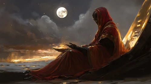 Figure in Red Cloak Under Moonlit Sky