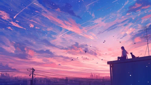 Serene Rooftop Sunset Scene in Anime Art