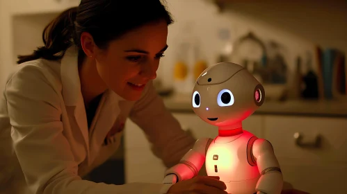 Woman and Glowing Humanoid Robot