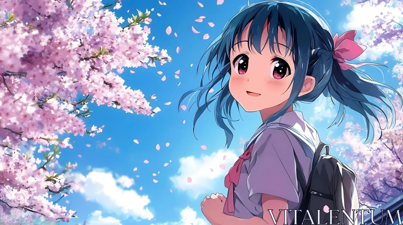 Springtime Anime Girl with Cherry Blossoms AI Image