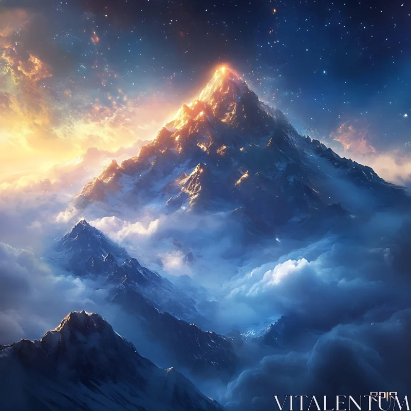 AI ART Glowing Mountain Top in Cloudy Sky