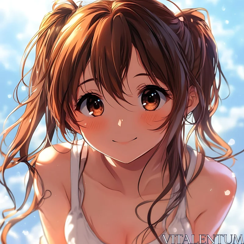 Cute Brown Haired Anime Girl with White Tank Top AI Image